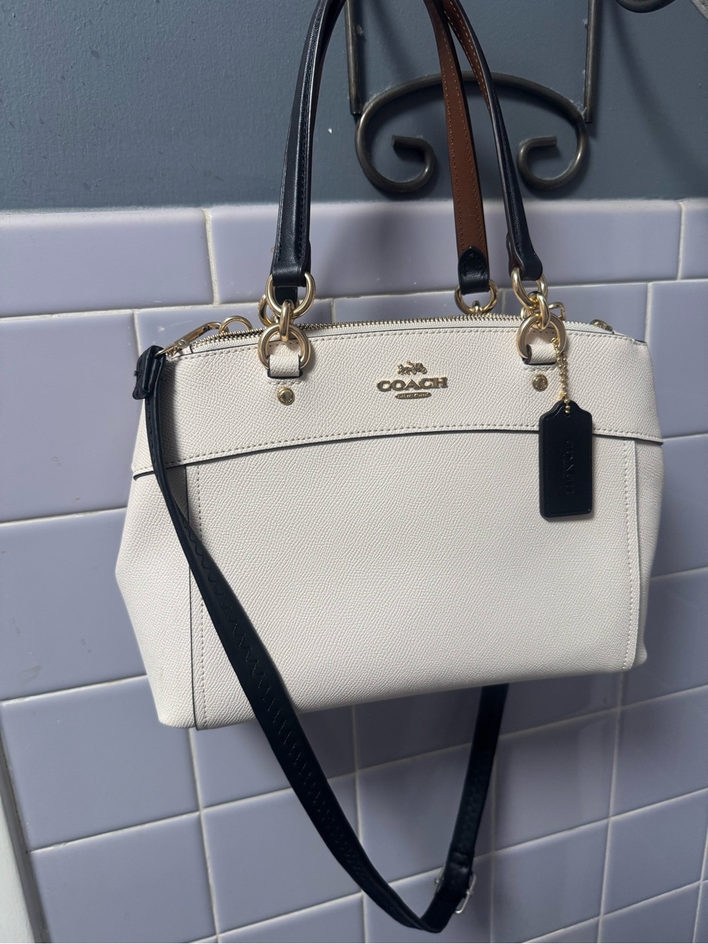 Coach Pebbled Leather Satchel in White with Black and Brown Straps